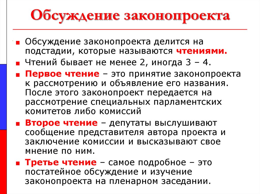 Принятие государственных законов. Обсуждение законопроекта. Порядок рассмотрения и обсуждения законопроекта. Этапы обсуждения законопроекта. Обсуждение законопроекта это кратко.