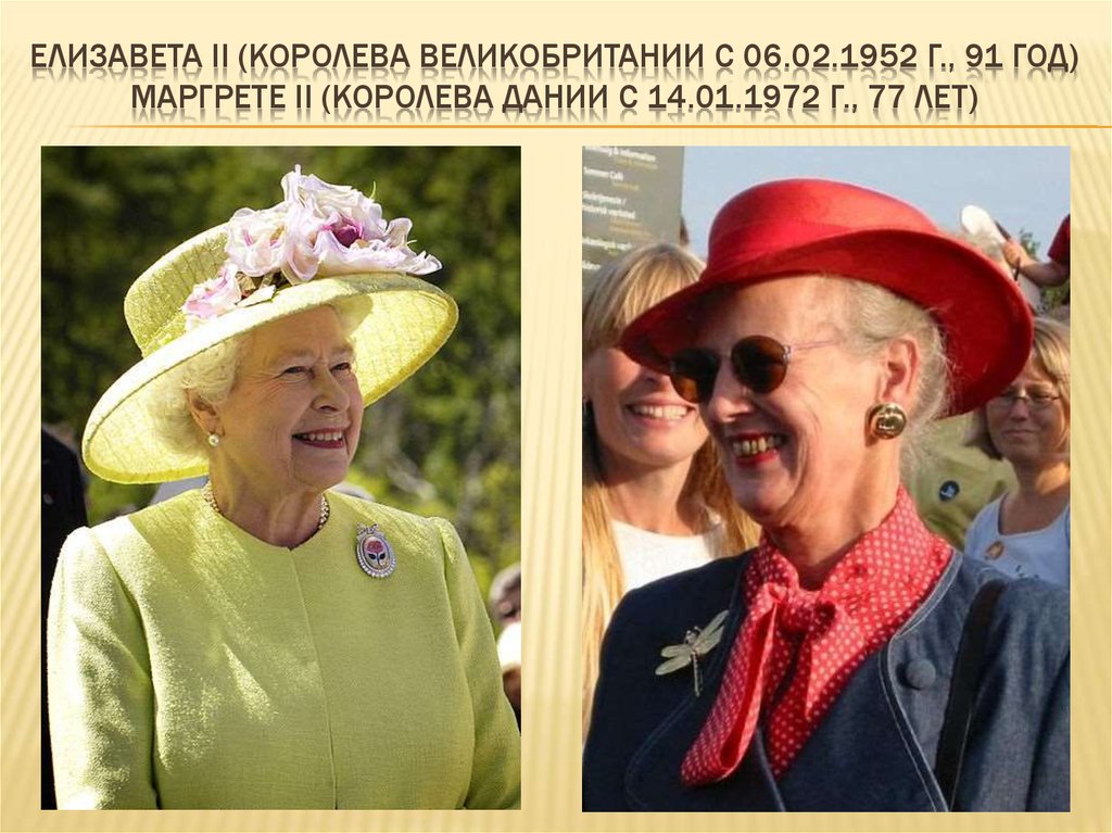 Елизавета II (королева Великобритании с 06.02.1952 г., 91 ГОД) Маргрете II (королева Дании с 14.01.1972 г., 77 ЛЕТ)