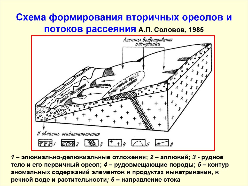 Схема формирования вторичных ореолов и потоков рассеяния А.П. Соловов, 1985