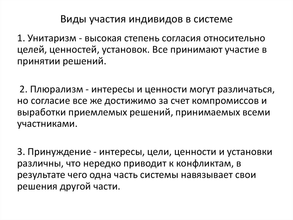 Тип участия 8. Виды участия. Степень согласия. Виды унитаризма. Унитаризм характеристика.