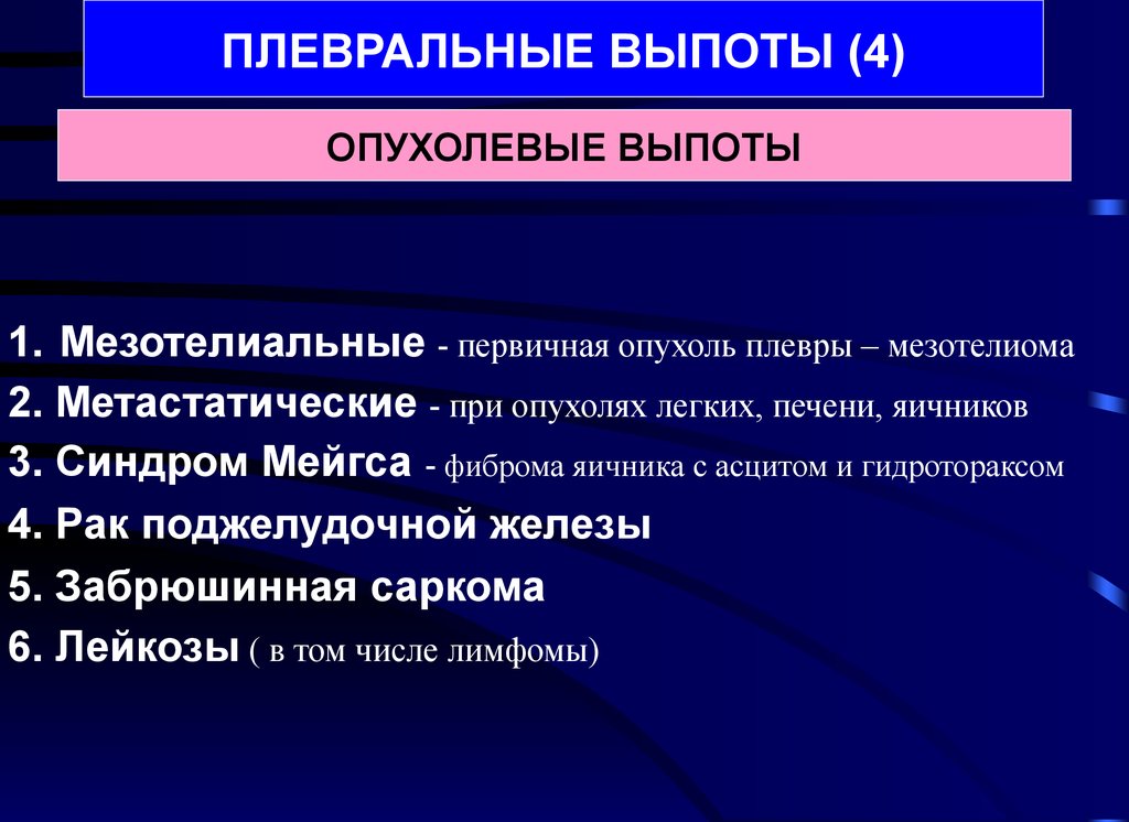 Неопластический процесс в легких. Мезотелиальные опухоли. Синдром Мейгса при опухолях яичников.