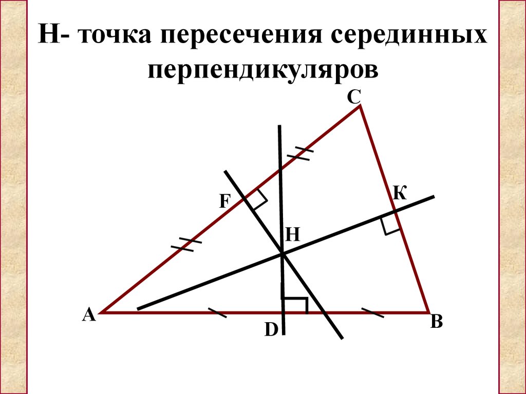 Найти перпендикуляр из точки к стороне. Точка пересечения серединных перпендикуляров к сторонам. Точка пересечения серединных перпендикуляров треугольника. Пересечение серединных перпендикуляров. Серединный перпендикуляр в треугольнике.