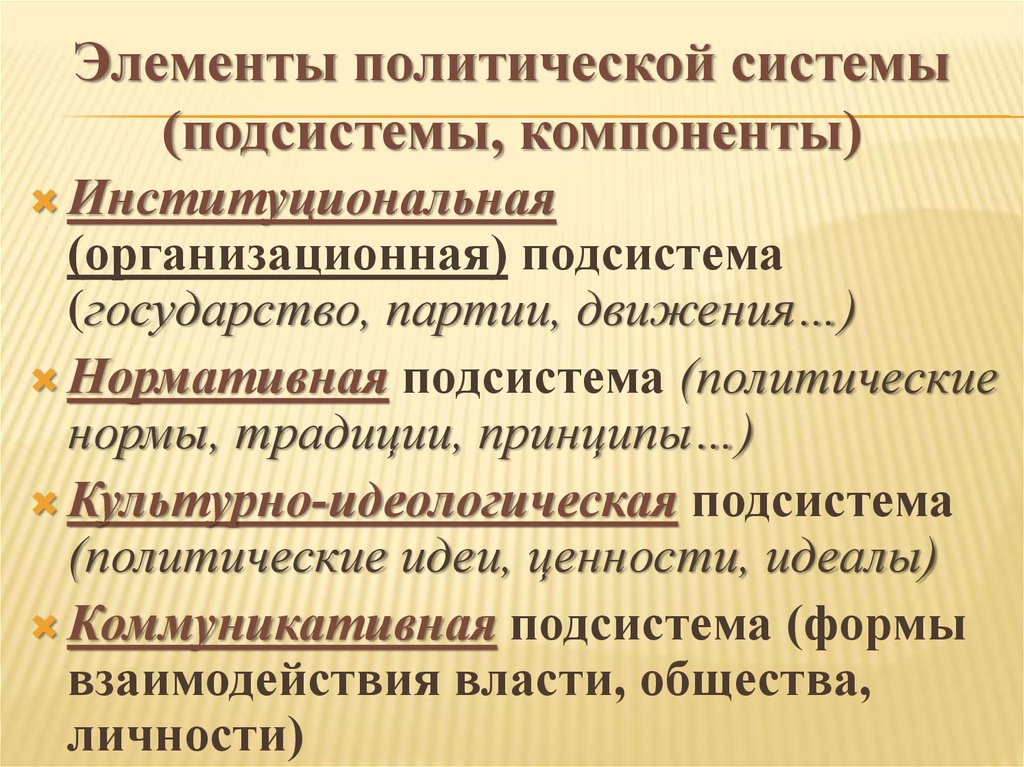 Система подсистема компонент. Культурно-идеологическая политическая подсистема. Элементы политической системы. Элементы подсистемы политической системы. Элементы культурно идеологической подсистемы.