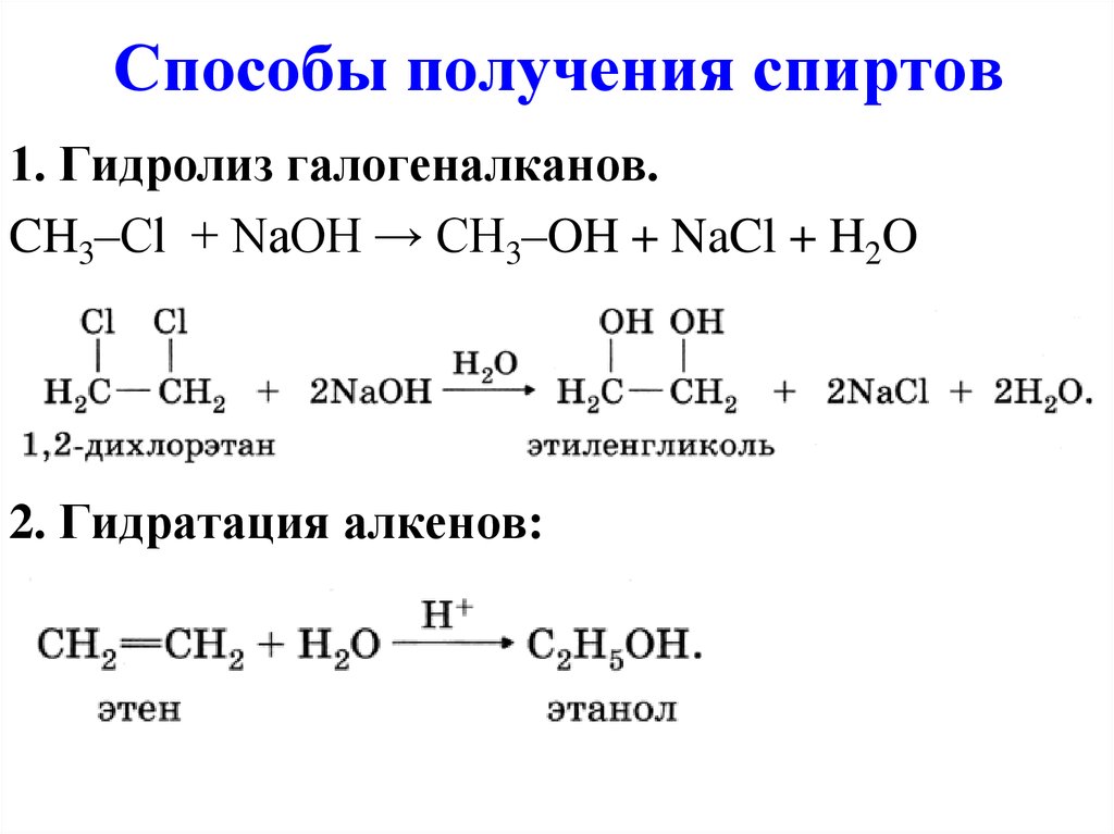 Взаимодействия метанола и калия. Щелочный гидролиз спиртов. Способы получения спиртов (уравнения химических реакций. Гидролиз галогеналканов. Получение спиртов из галогеналканов.