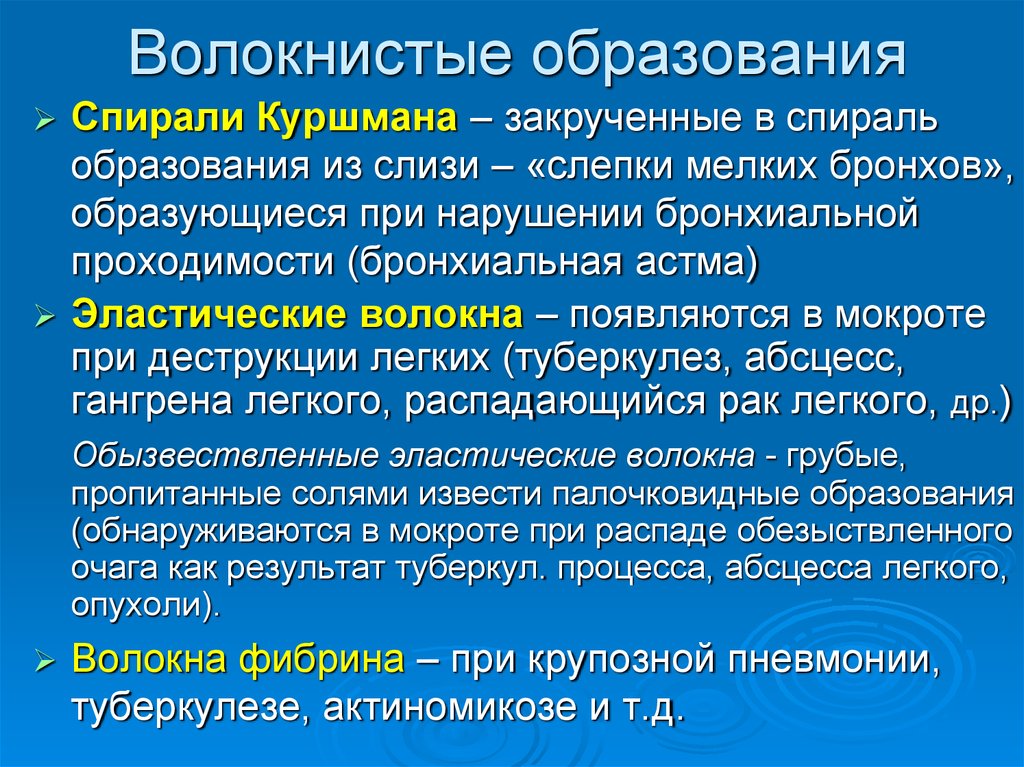 Образование мокроты. Волокнистые образования в мокроте. Волокнистые и Кристаллические образования в мокроте. Эластические волокна в мокроте.