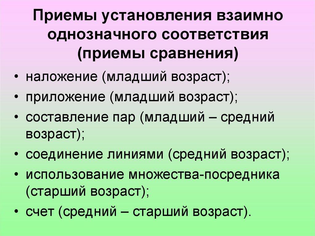 Прием сравнения. Приёмы установления взаимнооднозначного соответствия. Способы установления взаимно однозначного соответствия. Приемы сравнения множеств. Способ наложения и приложения.