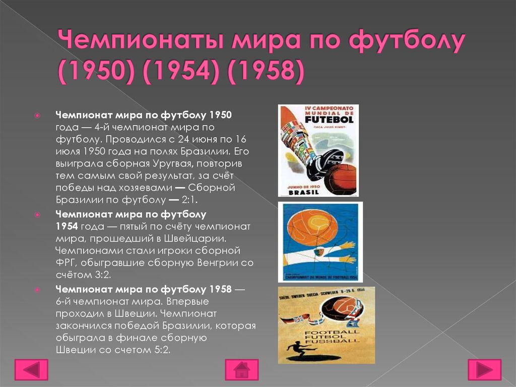 Чемпионаты мира по футболу (1950) (1954) (1958)