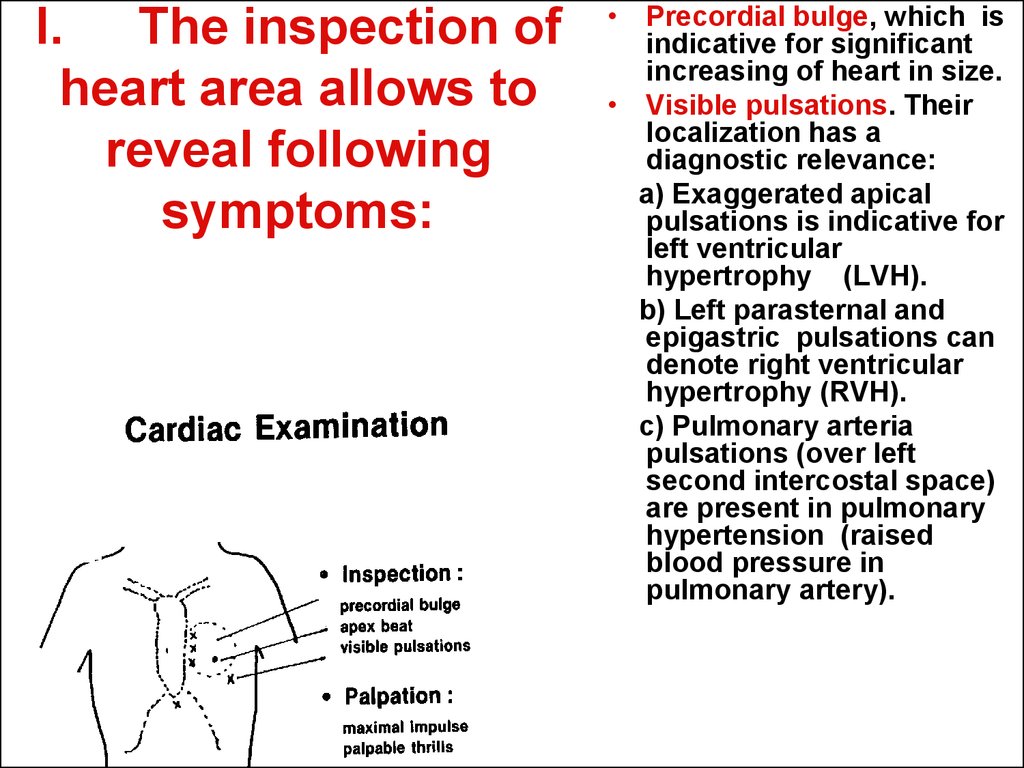 I. The inspection of heart area allows to reveal following symptoms: