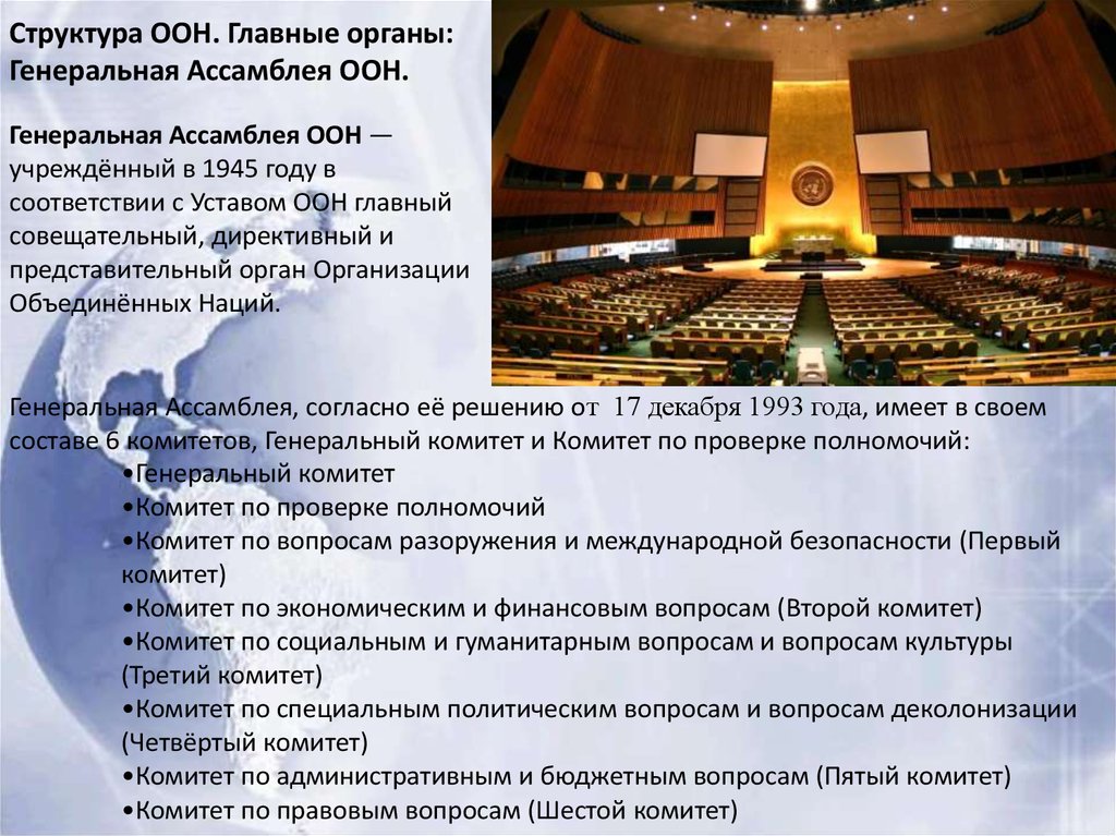 Структура ООН. Главные органы: Генеральная Ассамблея ООН.