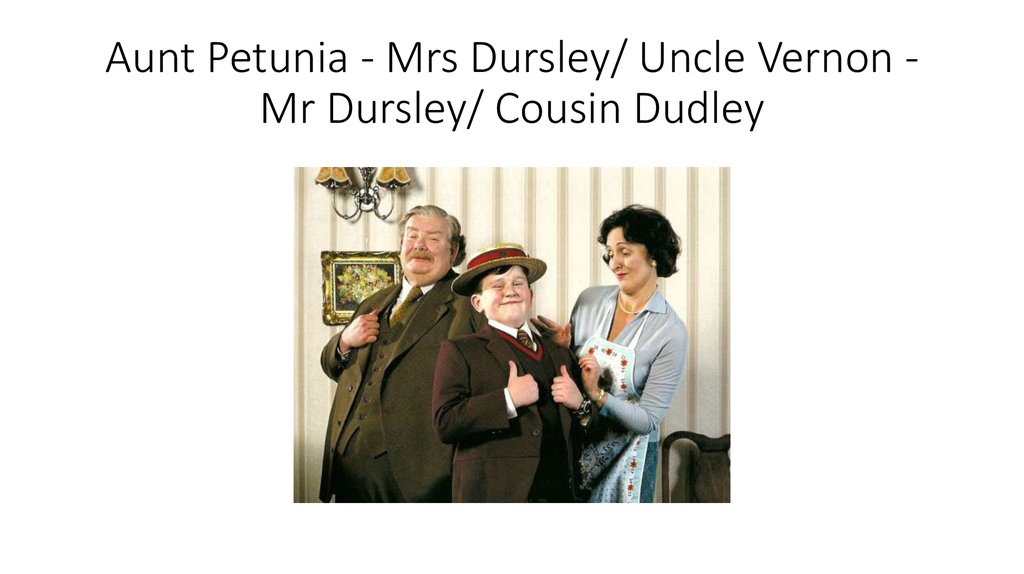 Aunt Petunia - Mrs Dursley/ Uncle Vernon - Mr Dursley/ Cousin Dudley
