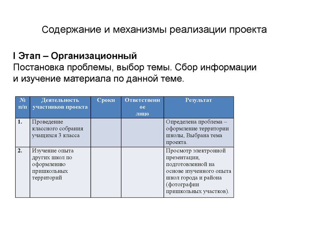 Механизм реализации проекта пример