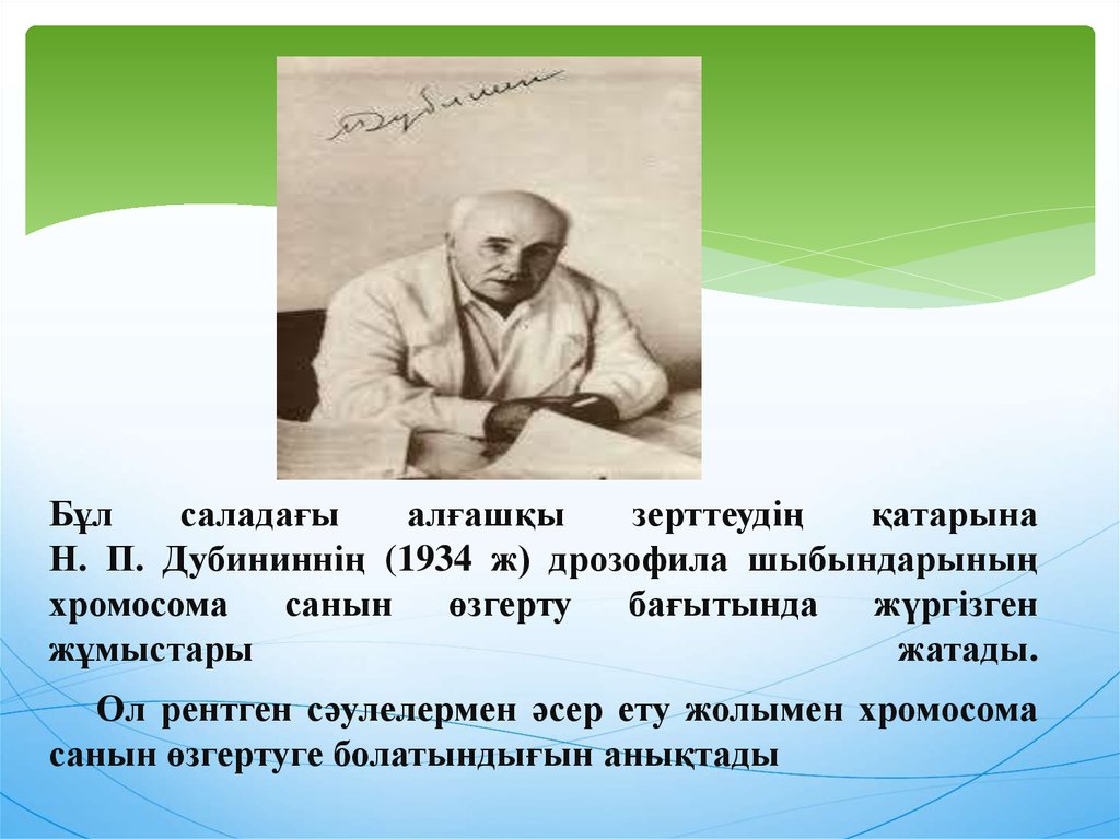 Бұл саладағы алғашқы зерттеудің қатарына Н. П. Дубининнің (1934 ж) дрозофила шыбындарының хромосома санын өзгерту бағытында жүргізген жұмыст
