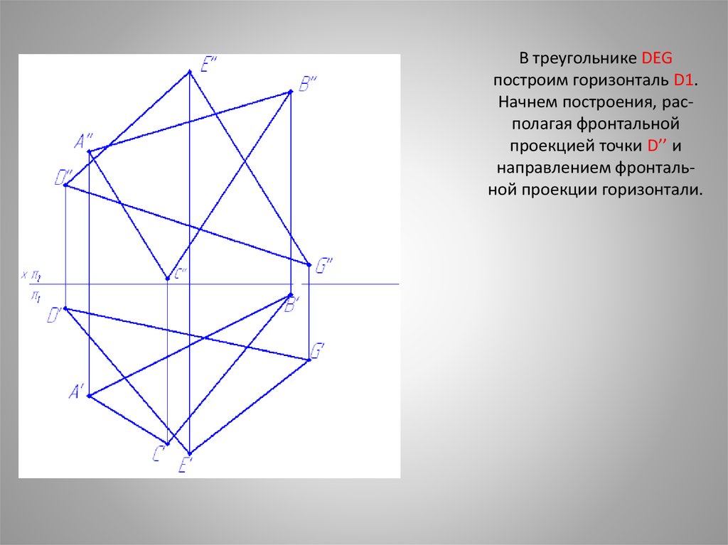 Плоскость пересекающая треугольник. Точка встречи прямой с плоскостью. Линия пересечения плоских фигур. Построить проекции горизонтали. Построение точки встречи прямой с плоскостью.