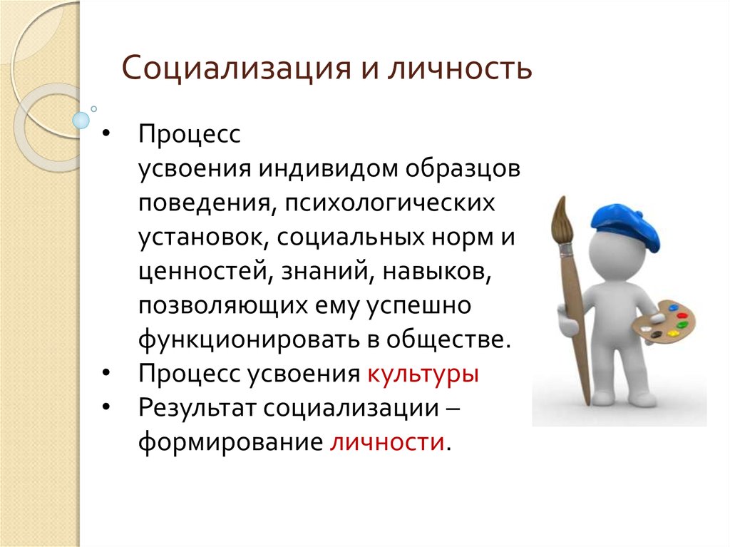 Это процесс усвоения социальных норм и образцов культуры данного общества