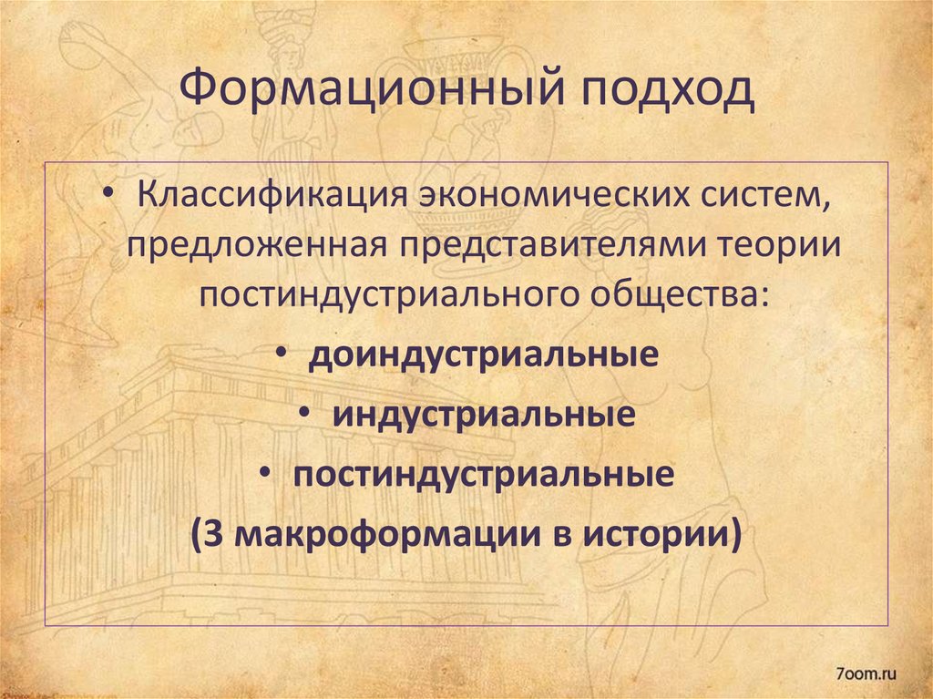 Формационный подход больше ориентирован на страны. Формационная классификация экономических систем. Формационный подход. Формационный подход к классификации экономических систем. Формационный подход экономических систем.