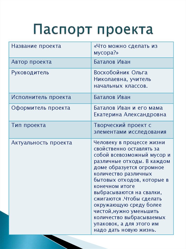 Паспорт проекта начальная школа