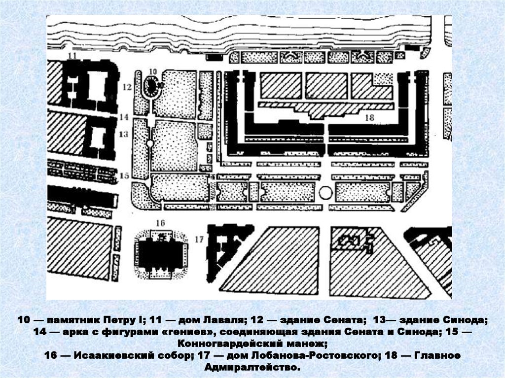 10 — памятник Петру I; 11 — дом Лаваля; 12 — здание Сената; 13— здание Синода; 14 — арка с фигурами «гениев», соединяющая