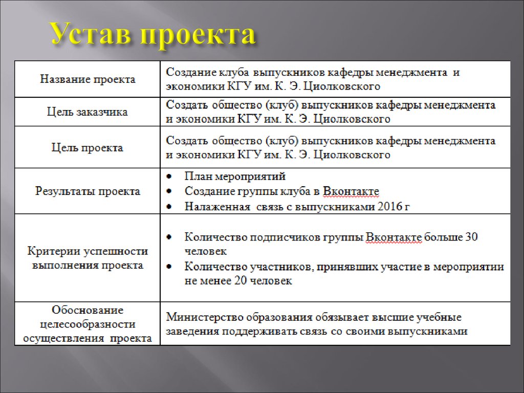 Что включает в себя устав проекта