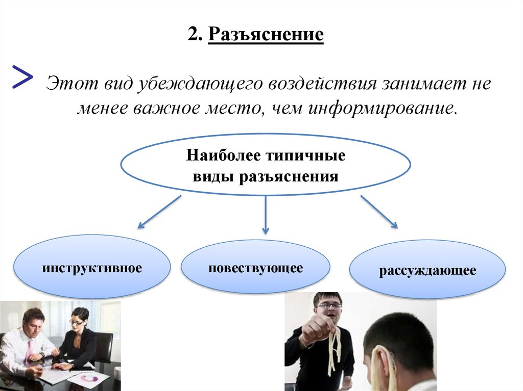 Разъяснение. Разъяснение и информирование типы убеждений. Виды разъяснений. Инструктивное разъяснение. Повествующее разъяснение.