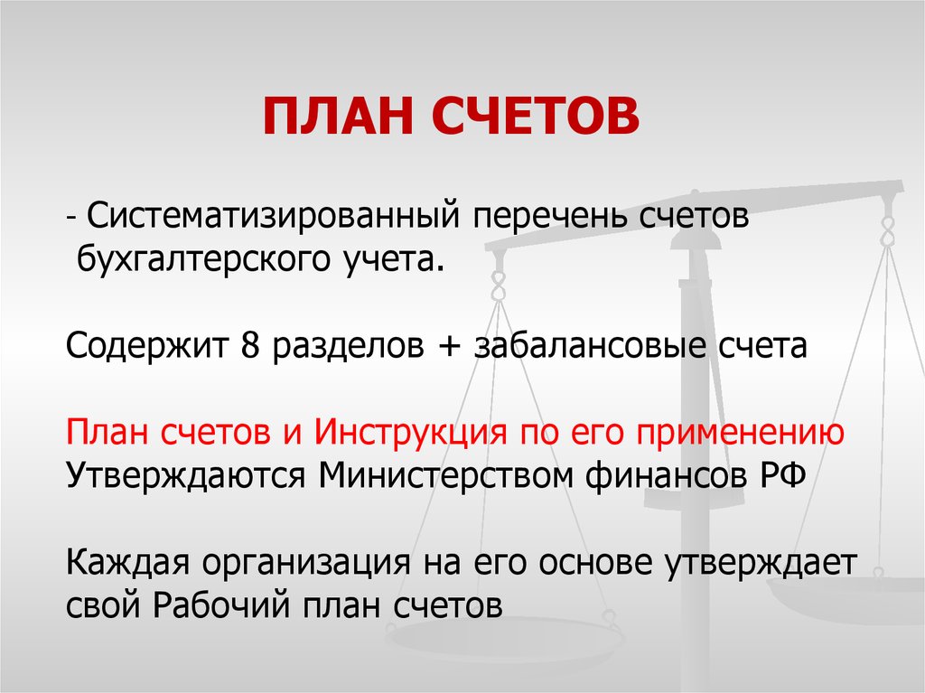 План счетов содержит 8 разделов