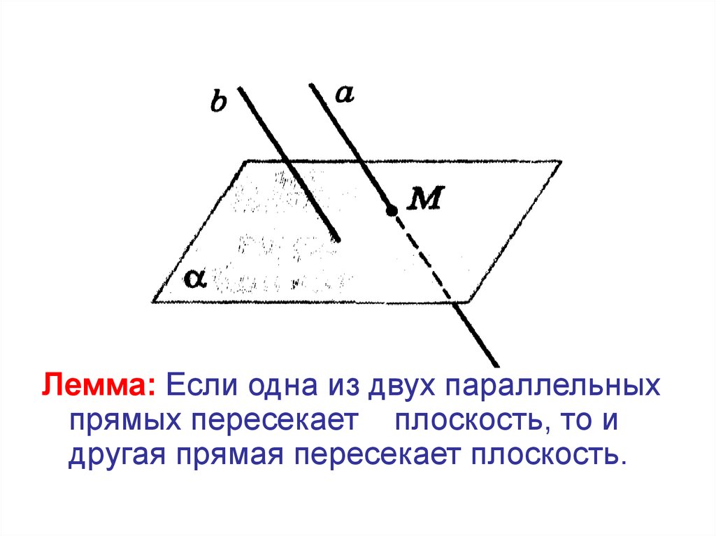 Прямая пересекает другую прямую. Лемма параллельности прямых и плоскостей. Если одна из двух параллельных прямых пересекает плоскость то. Лемма если одна из двух параллельных прямых. Доказательство леммы если одна из двух параллельных.