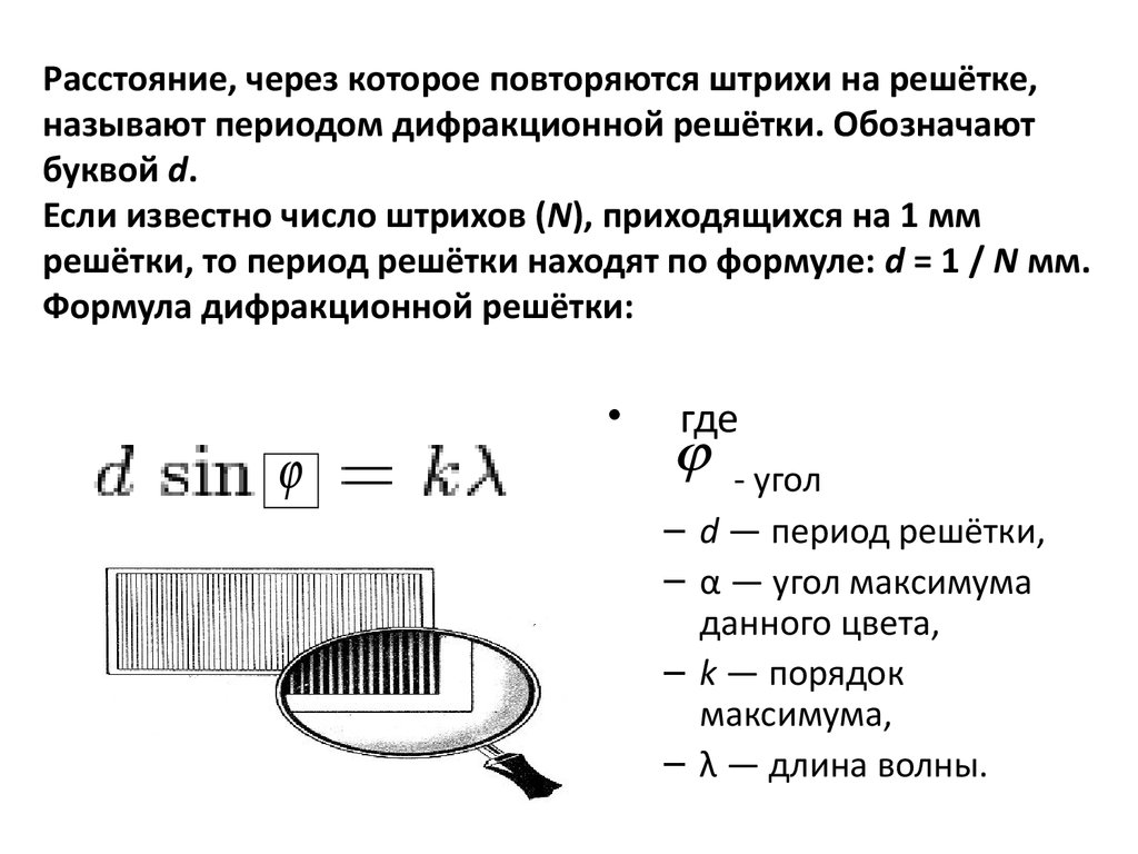 Что называется периодом решетки. Формула дифракционной решетки имеет вид.