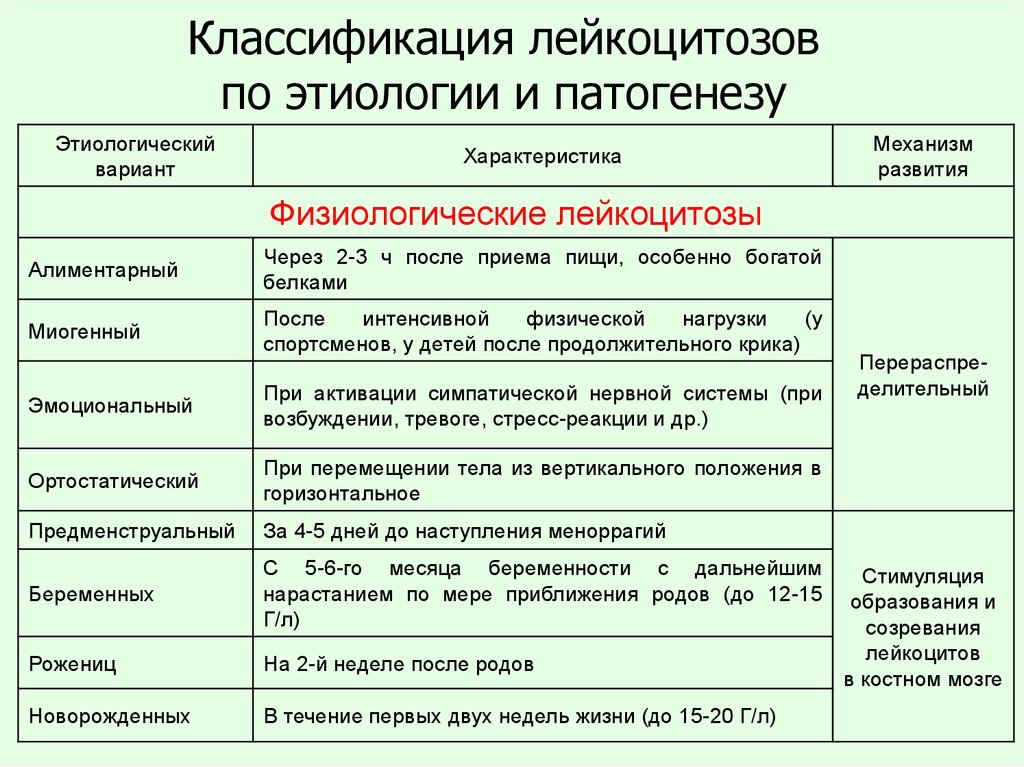 Лейкоцитоз. Причины физиологического лейкоцитоза. Классификация лейкоцитозов. Причины развития лейкоцитоза. Физиологические факторы лейкоцитоза.