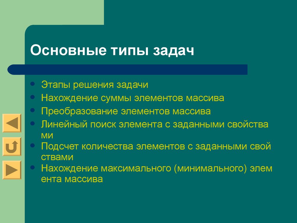 Результаты этапов решения задачи. Основные виды задач. Этапы решения задач с массивом. Типы задач в проекте. Типы задач на работу.