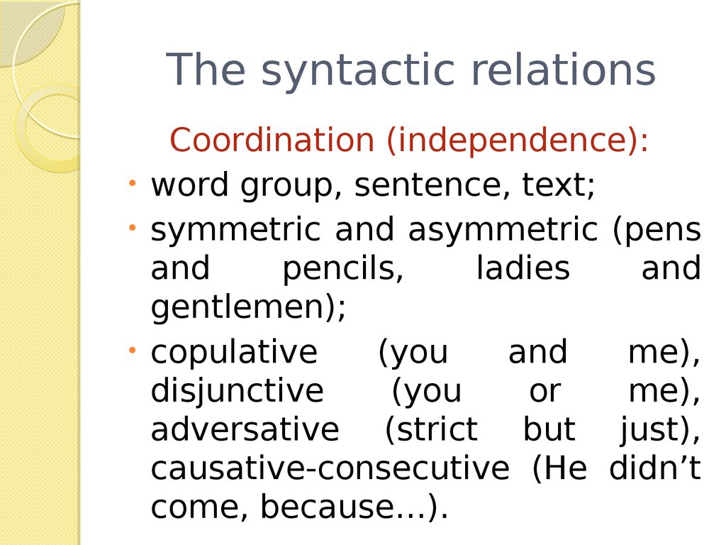 Between the words. Syntactic relations. The syntax of coordination. Types of syntactic relations. Basic syntactic notions.