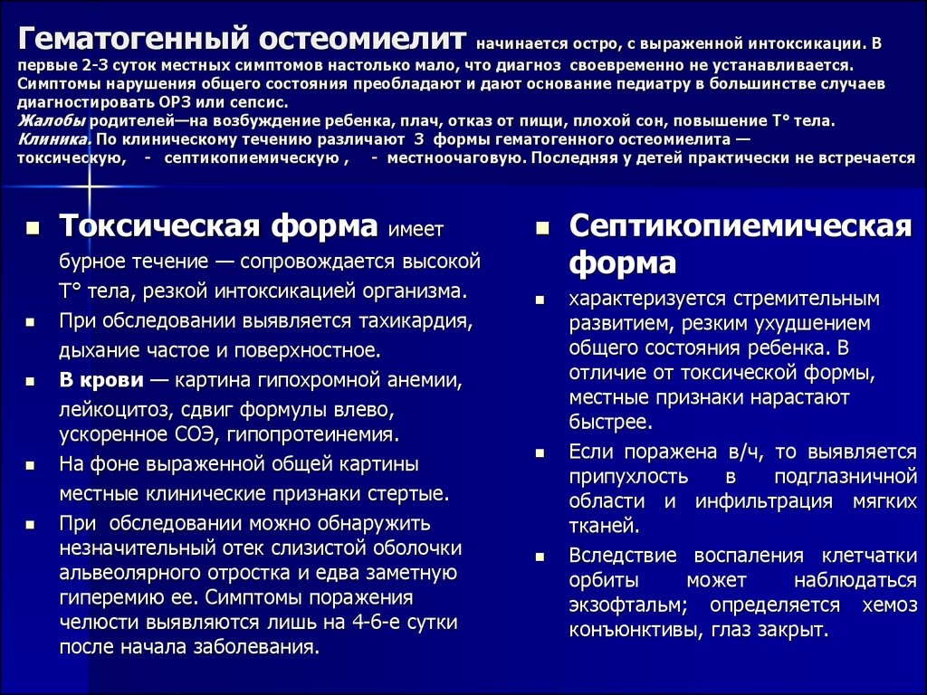 Гематогенный остеомиелит. Формы гематогенного остеомиелита. Клинические формы остеомиелита. Формы острого гематогенного остеомиелита. Местные симптомы острого гематогенного остеомиелита.