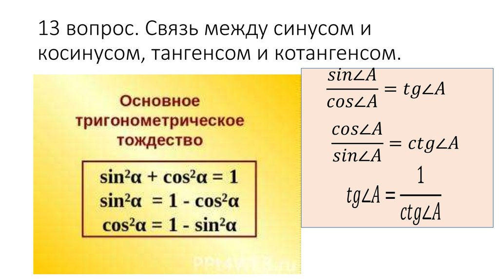 Угол между синусом и косинусом. Связь между синусом и косинусом. Связь между синусом и тангенсом. Взаимосвязь тангенса и косинуса. Связь между ко инусом и тангенсом.