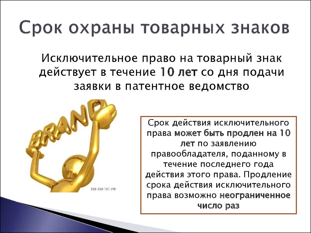 Сроки знаков. Правовая охрана товарного знака. Исключительное право на товарный знак. Защита прав на товарный знак. Срок охраны товарного знака.