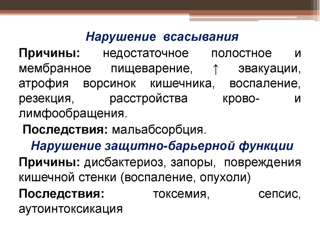 Нарушение всасывания. Всасывание причины нарушения. Причины нарушения полостного пищеварения. Нарушение всасывательной функции кишечника. • Недостаточное полостное и мембранное пищеварение причины.