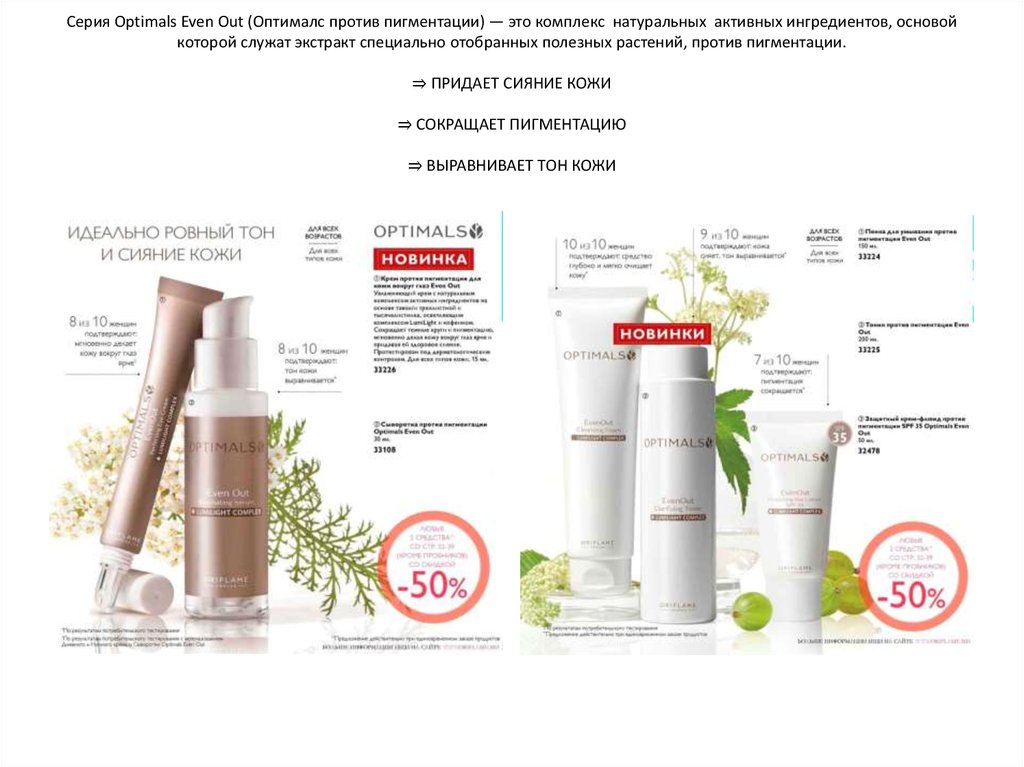 Серия Optimals Even Out (Оптималс против пигментации) — это комплекс натуральных активных ингредиентов, основой которой служат экстракт специаль