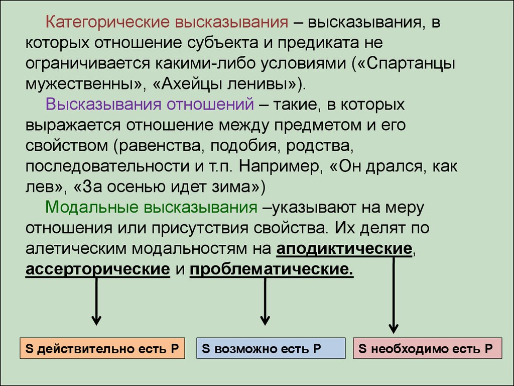 Назовите типы высказываний. Категоричные высказывания. Структура простого высказывания. Отношение субъекта к предикату. Категоричные высказывания примеры.