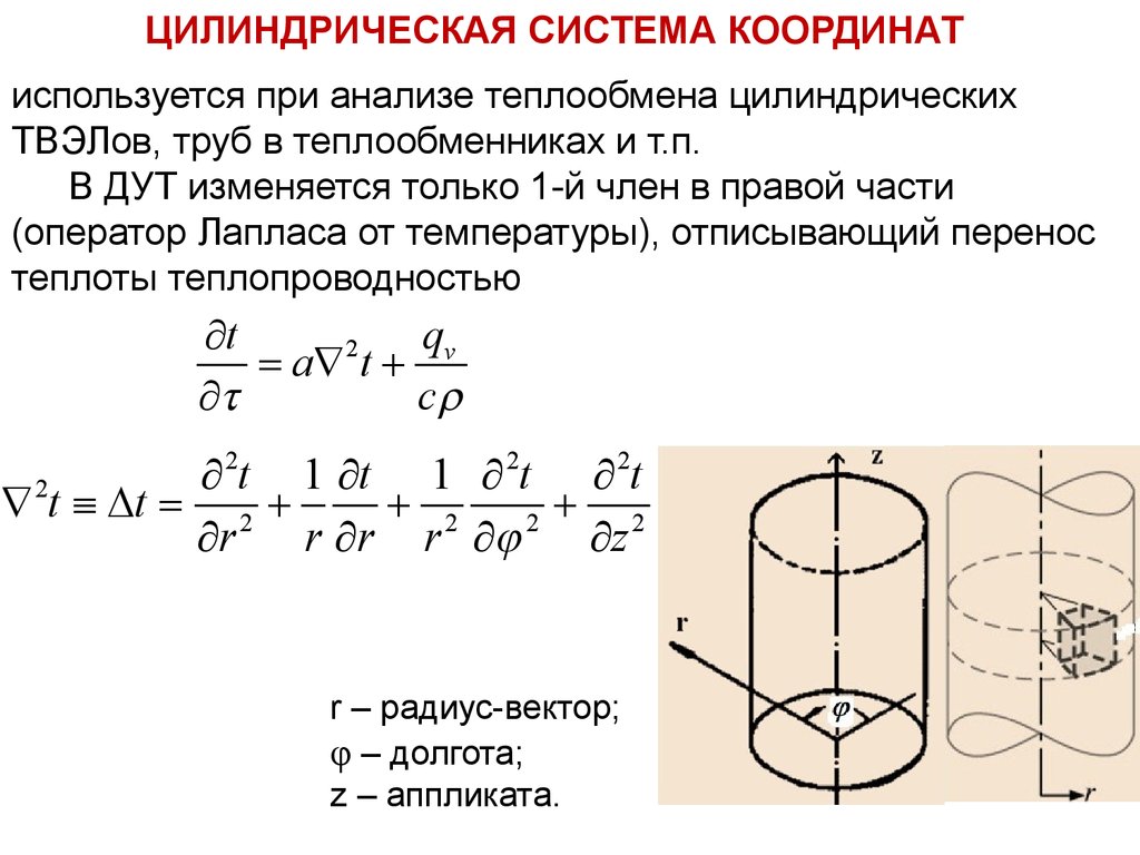 Цилиндрические координаты. Уравнение теплопроводности в цилиндрических координатах. Уравнение теплопроводности в цилиндрической системе координат. Цилиндр в цилиндрических координатах. Решение уравнение теплопроводности в цилиндрических координатах.