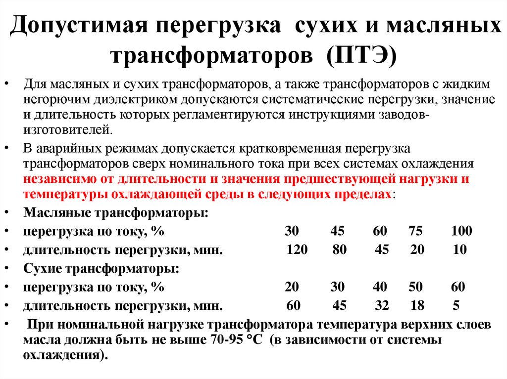 Птэ 2003 п. Допустимые перегрузки силовых трансформаторов. Таблица перегрузок силовых трансформаторов. Таблица допустимой перегрузки трансформатора. Перегрузка масляных силовых трансформаторов.