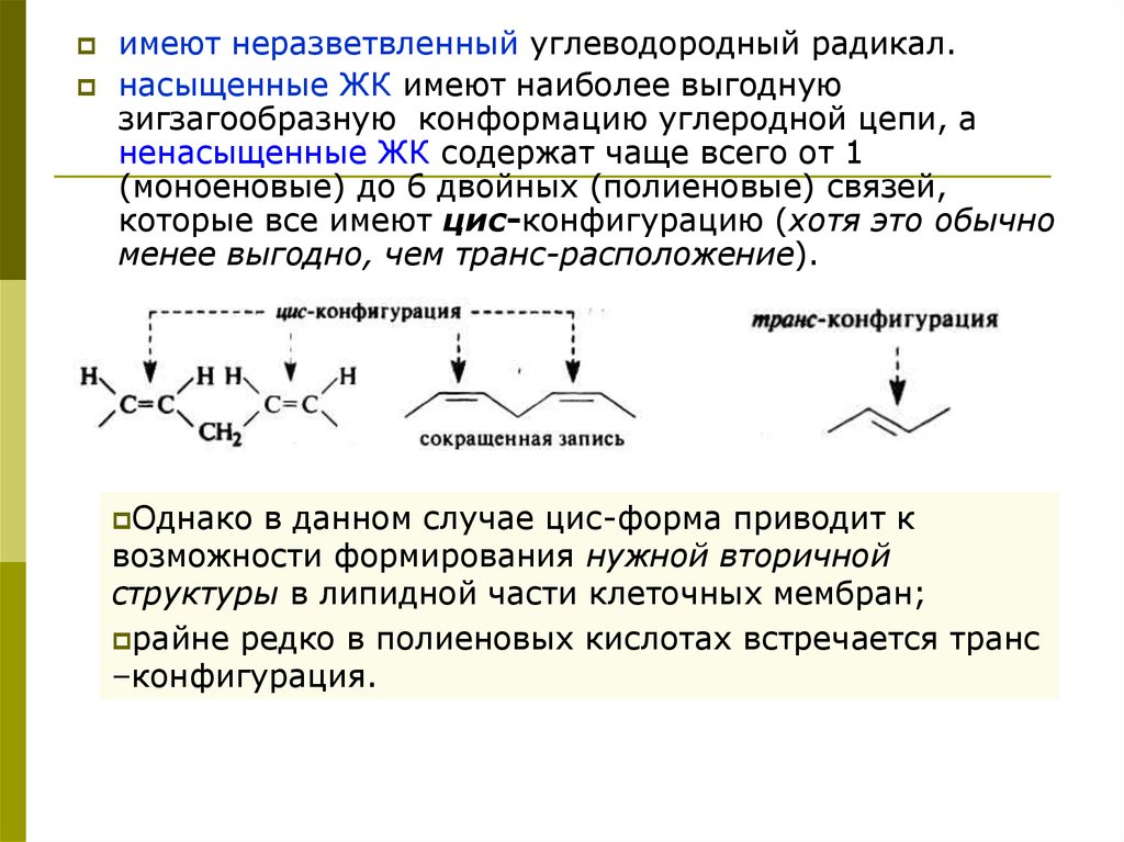 P иметь. Насыщенные углеводородные радикалы. Ненасыщенные углеводородные радикалы. Конформация высших жирных кислот. Радикалы с двойной связью.