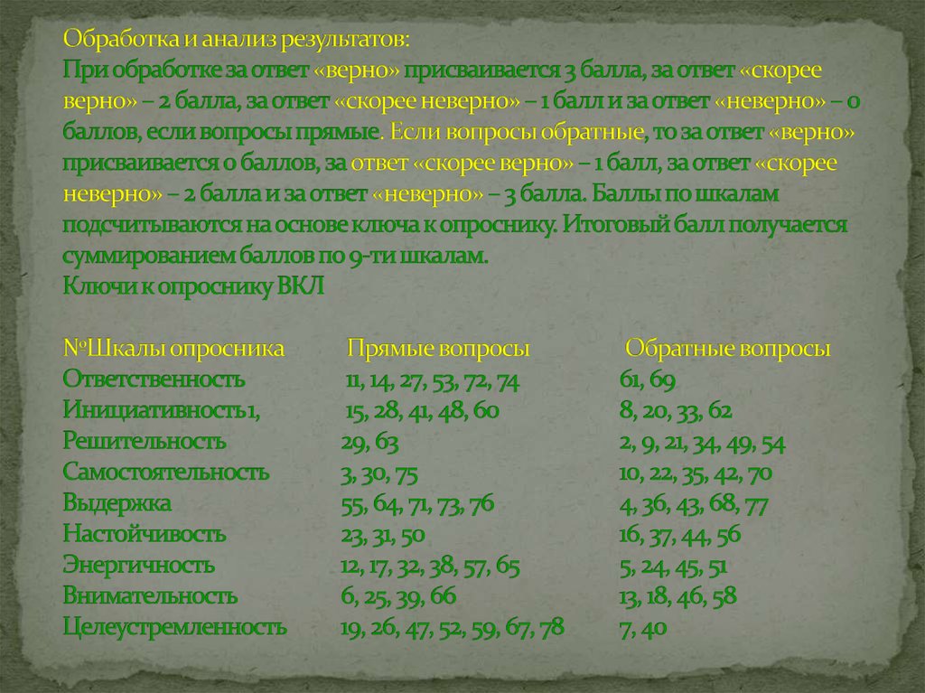 Обработка и анализ результатов: При обработке за ответ «верно» присваивается 3 балла, за ответ «скорее верно» – 2 балла, за