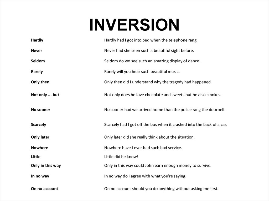 Inversion grammar. Inversion в английском. Инверсия с hardly. Inversion in English Grammar. Инверсия в английском языке упражнения.