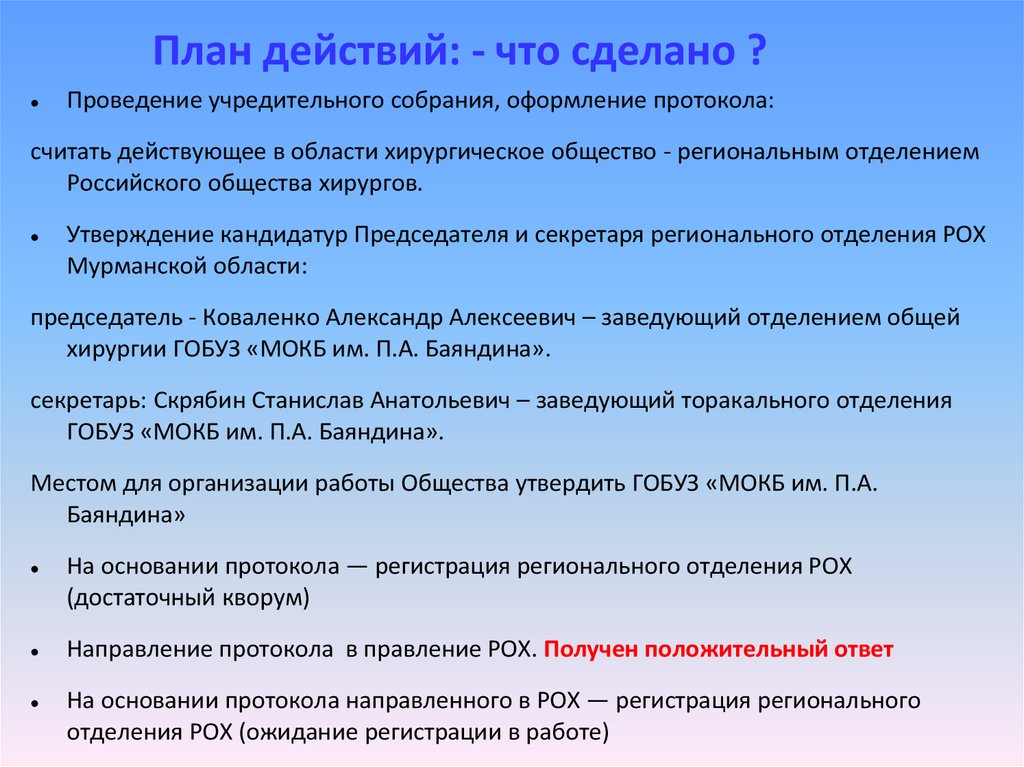 Рох слово. План действий. Как сделать план действий. Российское общество хирургов. Как создали проведение.