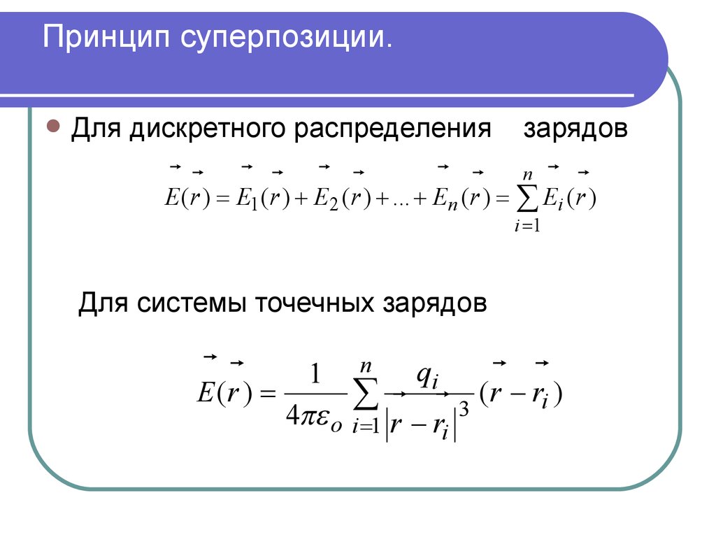 Распределение заряженных. Принцип суперпозиции для распределенных зарядов. Дискретное распределение заряда. Принцип суперпозиции для непрерывного распределения зарядов. Принцип суперпозиции для непрерывного распределения.