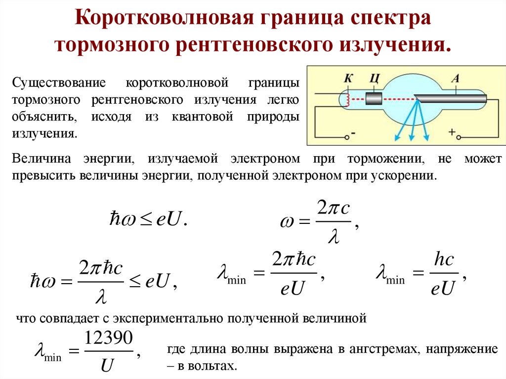 Разность потенциалов фотоэффекта. Граница спектра тормозного рентгеновского излучения. Коротковолновая граница тормозного рентгеновского излучения. Формула коротковолновой границы рентгеновского излучения. Граница тормозного рентгеновского излучения формула.