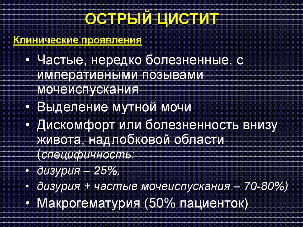 Обезболить мочеиспускание. К признакам острого цистита относится:. Симптомы, характерные для цистита. Перечислите основные клинические симптомы острого цистита. Для острого цистита характерно.