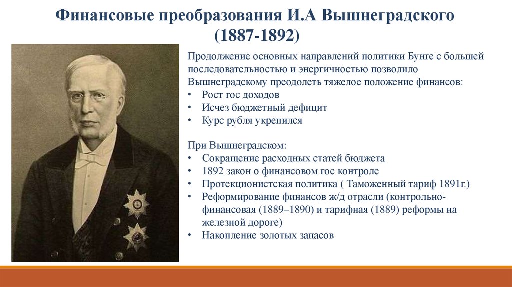 Какое преобразование связано с деятельностью бунге. Бунай Вышеградский Витте реформы. Реформы Вышнеградского при Александре 3.