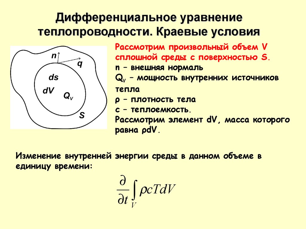 Объем сплошного. Краевые условия для уравнения теплопроводности. Дифференциальное уравнение теплопроводности краевые условия. Граничные условия теплопроводности. Уравнение теплопроводности граничные условия.