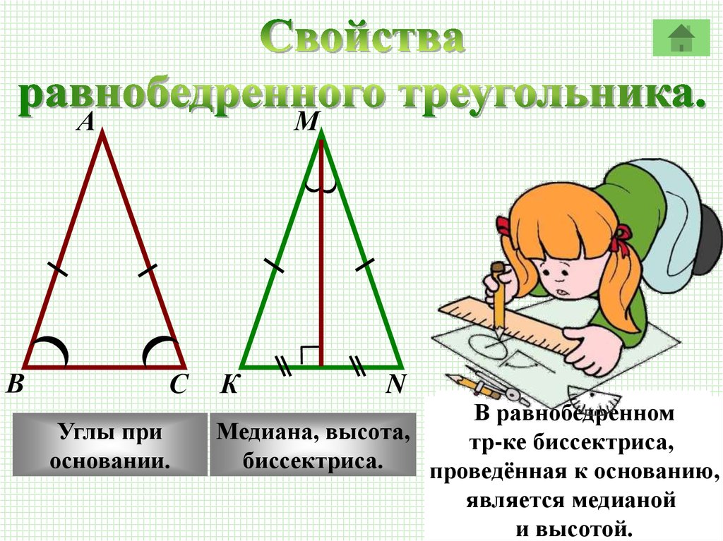 Почему углы при основании равны. Свойства равнобедренного треугольника рисунок. В равнобедренном треугольнике углы при основании равны. Равнобедренный треугольник Медиана биссектриса и высота. Высота в равнобедренном треугольнике.