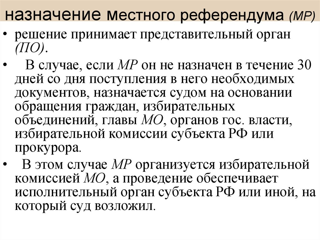 Субъекты местного референдума. Назначение местного референдума. Порядок назначения местного референдума. Местный референдум. Порядок подготовки и проведения местного референдума.