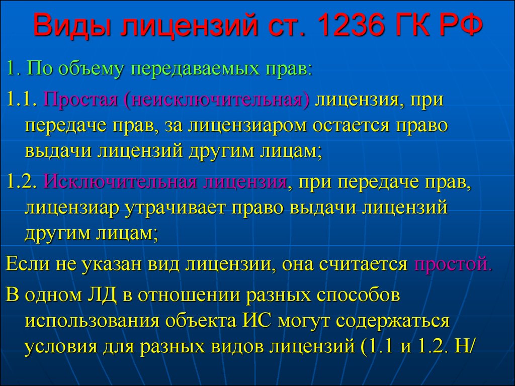 Вид исключительно. Виды лицензий по объему передаваемых прав. ГК РФ статья 1236. Виды лицензионных договоров. Неисключительное право ГК РФ. Неисключительная лицензия это.