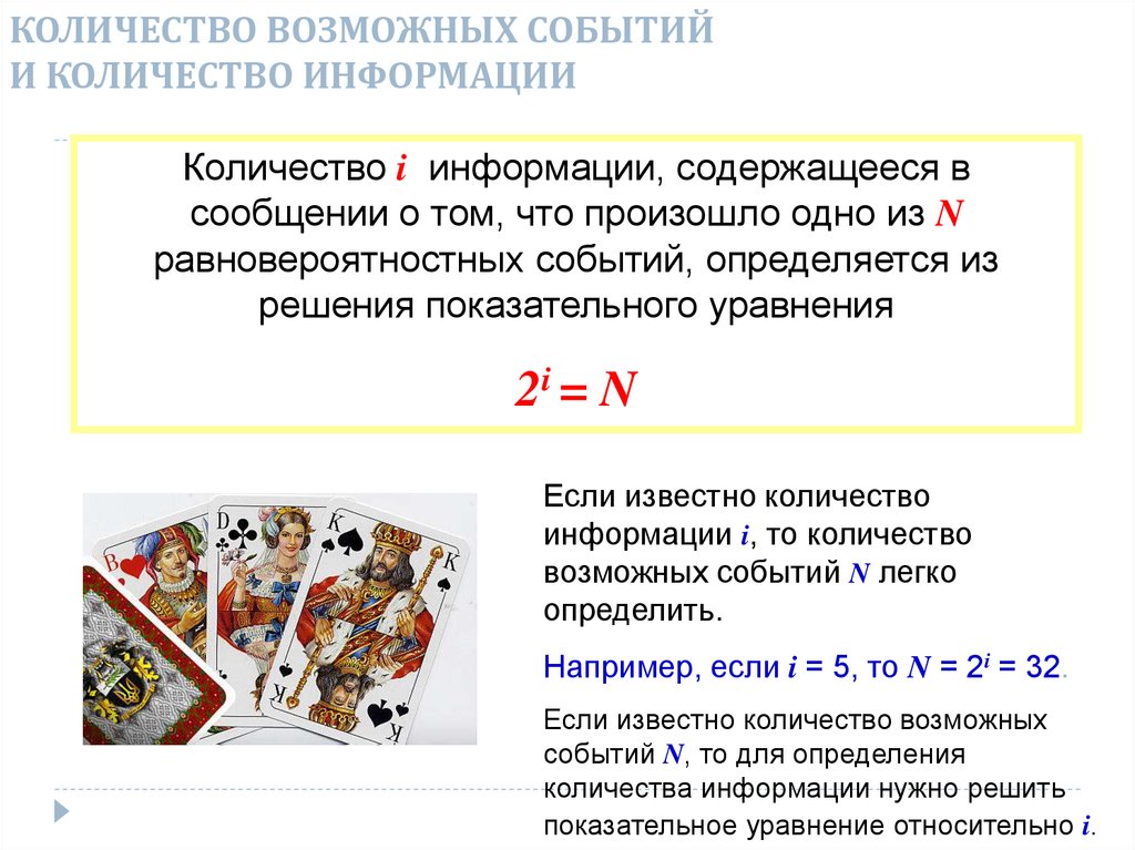 Возможное событие. Количество возможных событий. Количество возможных событий и количество информации. Как зависит количество информации от количества возможных событий. Количество информации, содержащееся в сообщении. I.